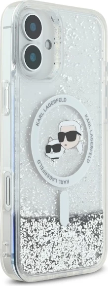Prozoren ovitek z tekočim bleščicami Karl Lagerfeld Liquid Glitter Karl & Choupette Head MagSafe za iPhone 16 Plus