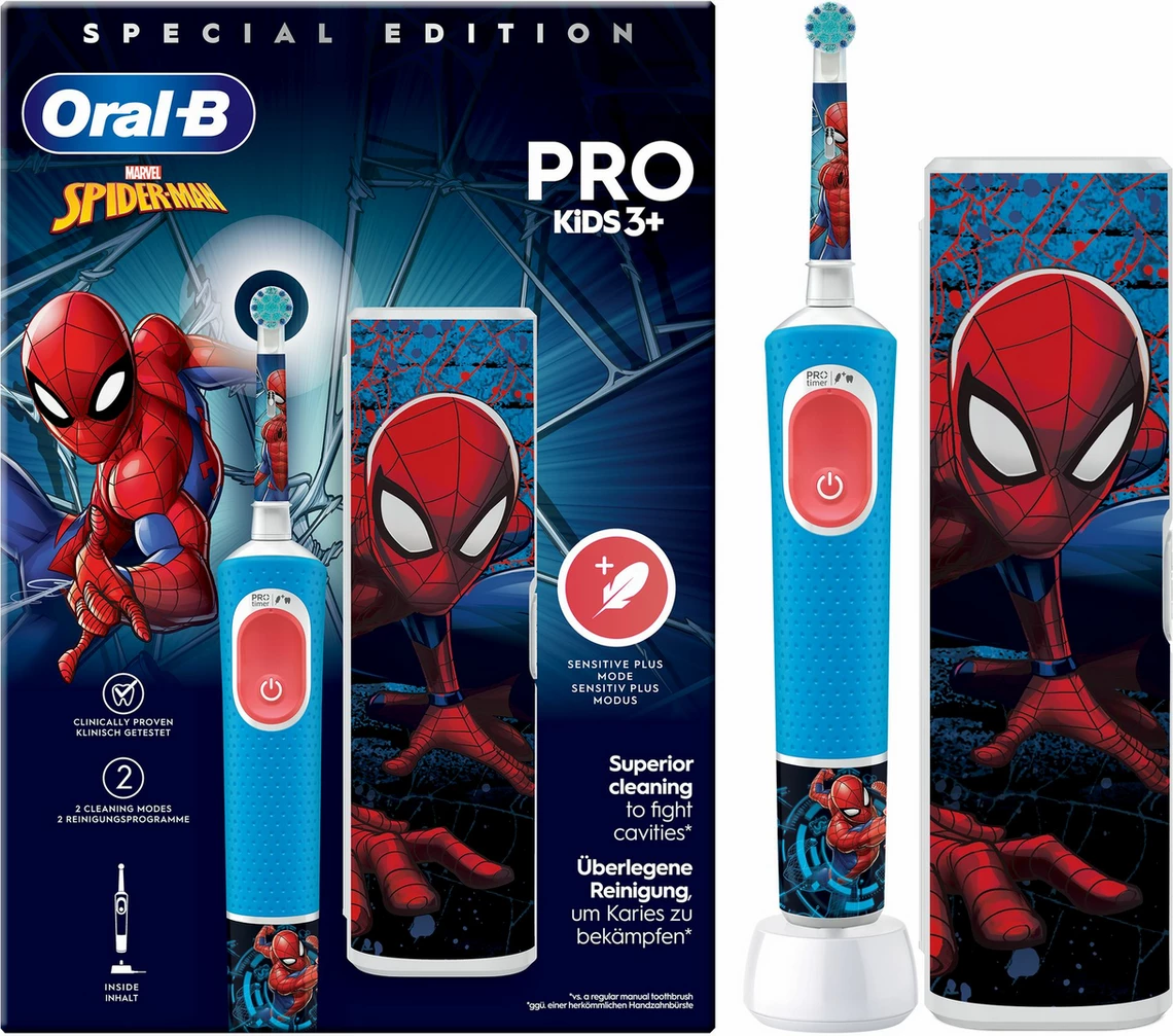 Električna zobna ščetka za otroke 3+, Oral-B Pro Kids Spider-Man 773390, 2 načina čiščenja, modra