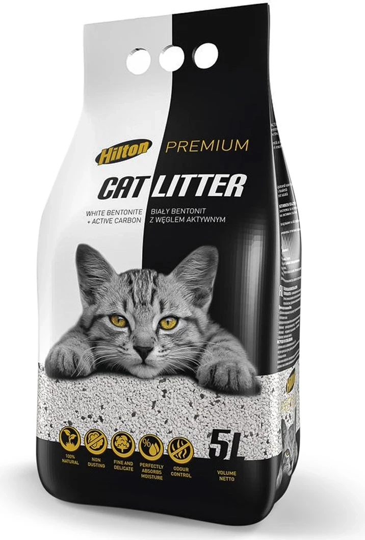 Pesek za mačke z bentonitom in aktivnim ogljem, dišava sivke - Hilton, 5L