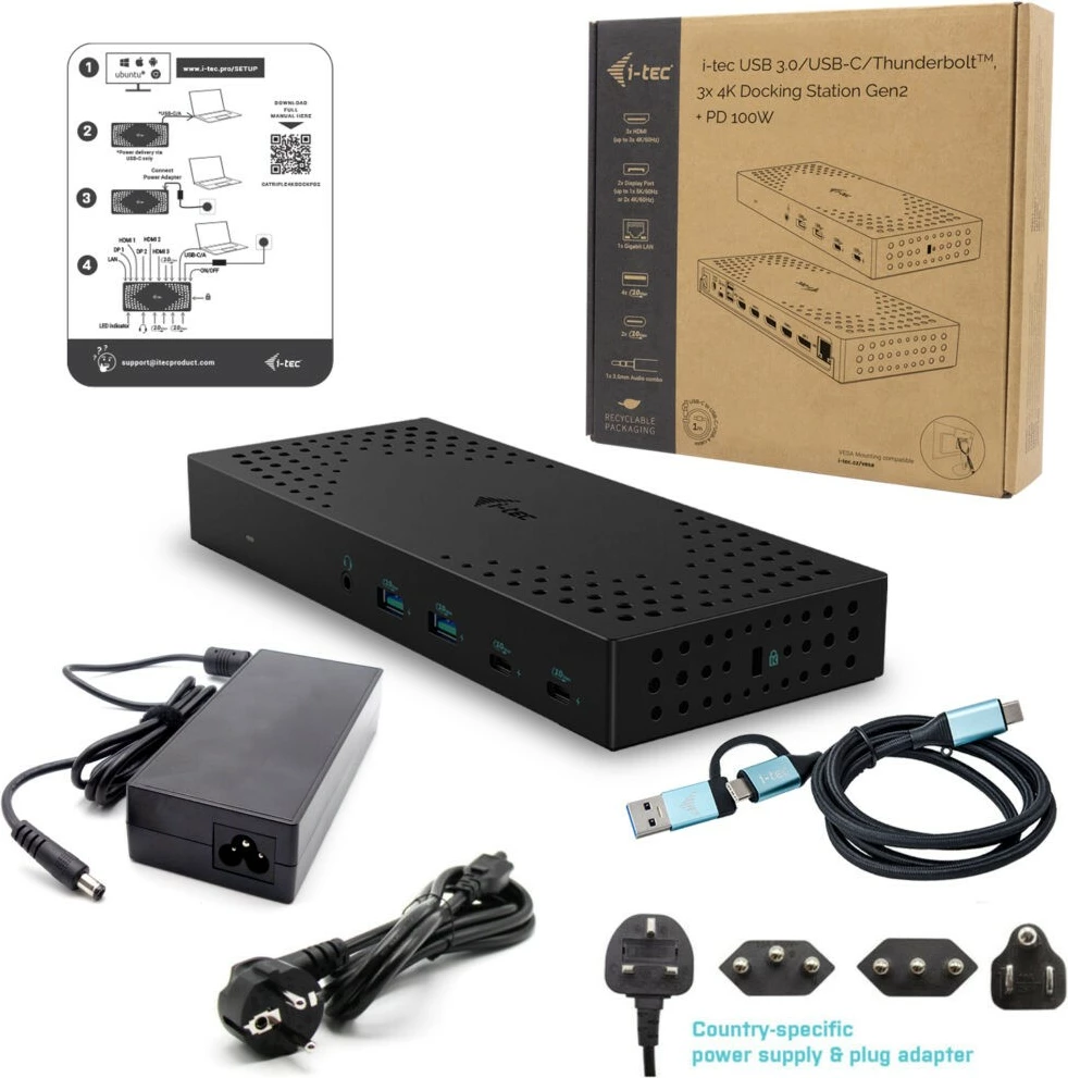 Dokovna postaja i-tec CATRIPLE4KDOCKPD2, 3x 4K, USB 3.0/USB-C/Thunderbolt, 100W, črna