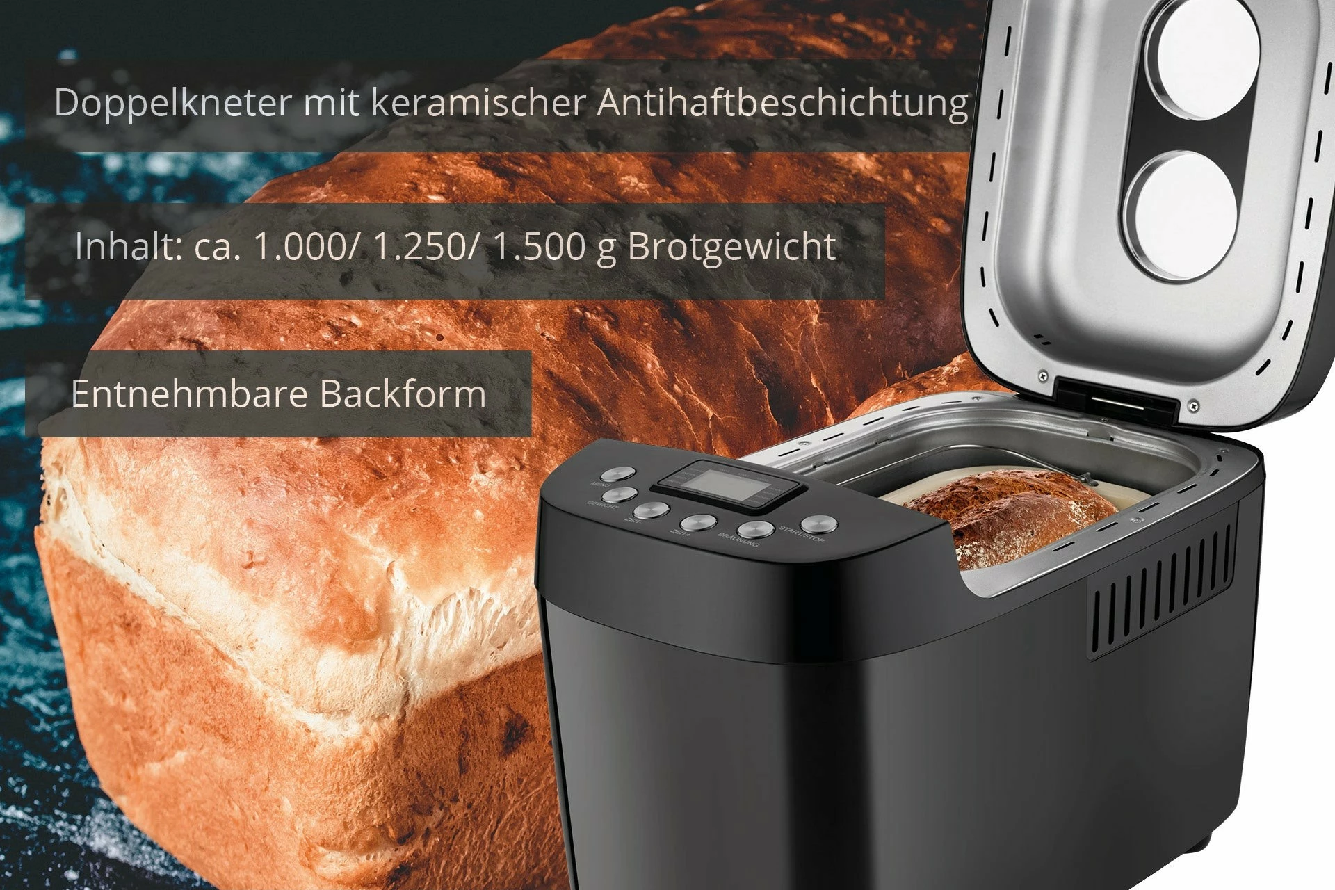 Pekač kruha UNOLD Backmeister Big, 1,5 kg, okno za pregled, tajmer, nastavljiva barva skorje, funkcija ohranjanja toplote, 850 W