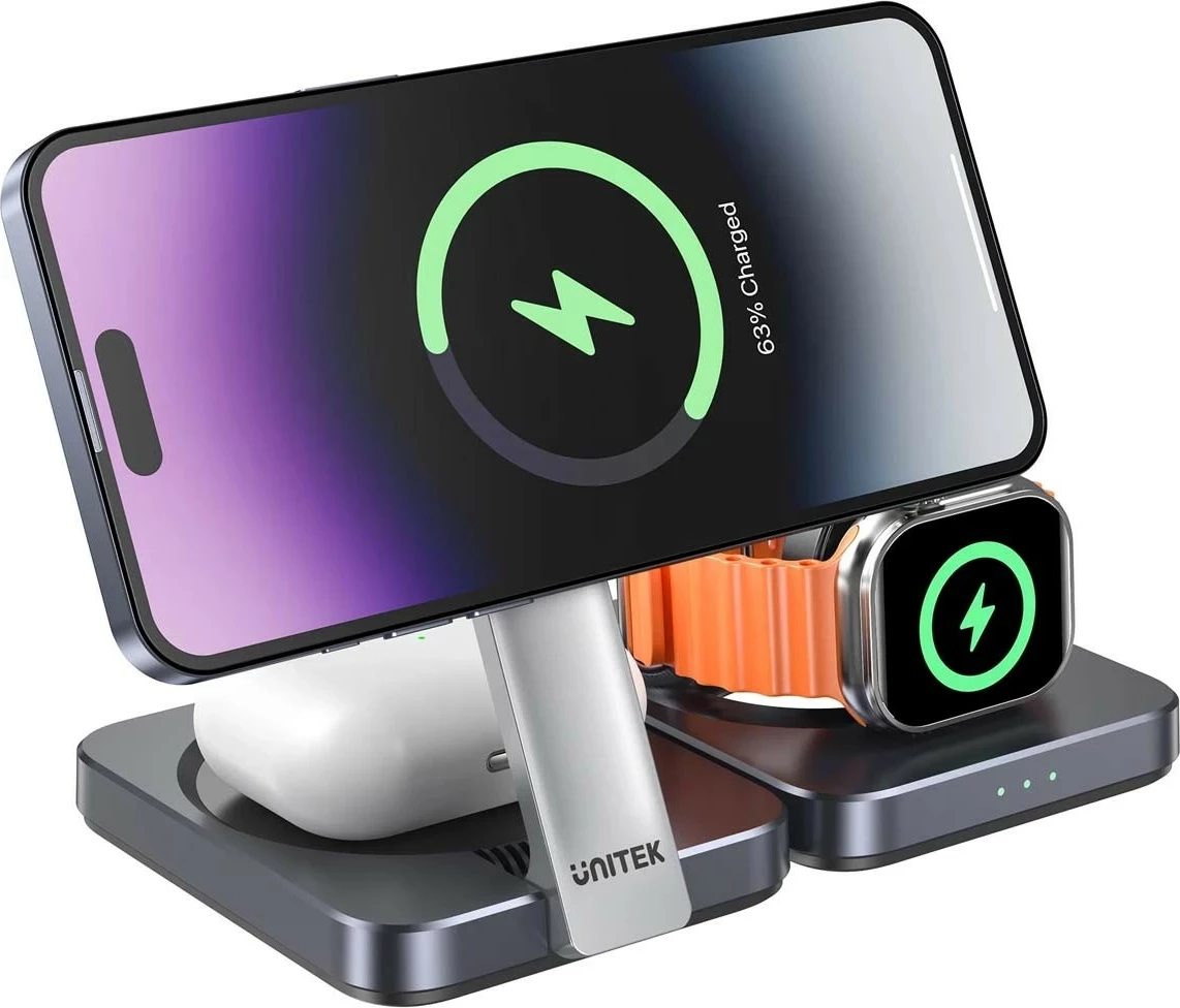 Polnilna postaja za brezžično polnjenje Qi2, 15 W, sivo — Unitek 3v1