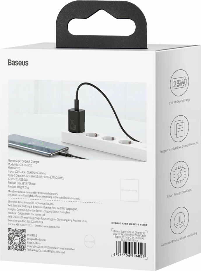 Stenski polnilec, 25 W, USB Type-C, črn, Baseus Super Si 1C