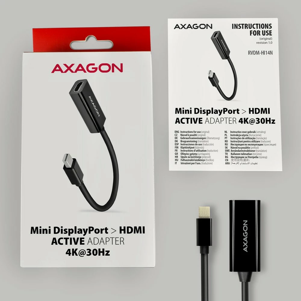 Aktivni adapter Mini DisplayPort na HDMI AXAGON RVDM-HI14N, 4K/30Hz, črn Aktivni adapter Mini DisplayPort na HDMI AXAGON RVDM-HI14N, 4K/30Hz, črn