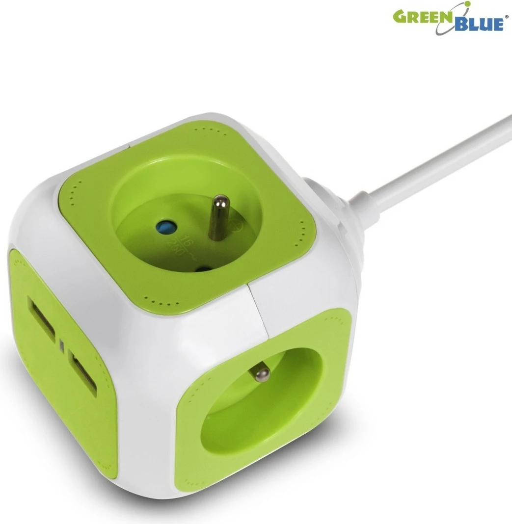 Večvtičnica z USB GreenBlue MagicCube GB118, 4 vtiči, 2× USB, 1,4 m, bela/zelena