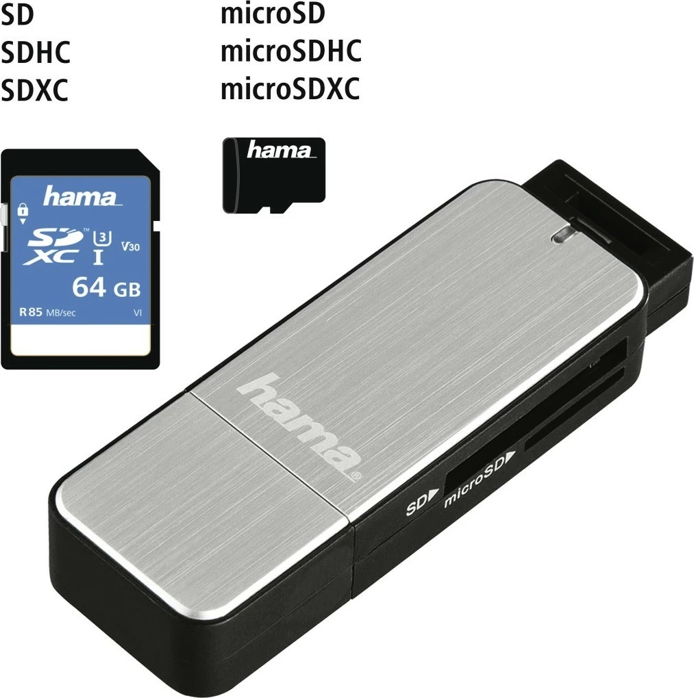 Bralnik kartic Hama 123900 SD/microSD USB 3.0, srebrno-črn