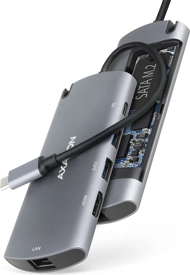 Multifunkcionalen hub 6‑v‑1 AXAGON HMC-6M2, USB-C 3.2 Gen 1, režo M.2 SATA, HDMI, GLAN, 2x USB-A, PD 100W, siva