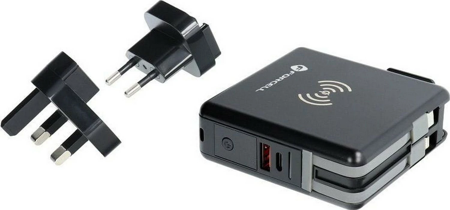 Multifunkcijski polnilec Forcell F-ENERGY 5v1, 10000 mAh, 20W PD, brezžični 15W, s kablom Type-C/Lightning, črn