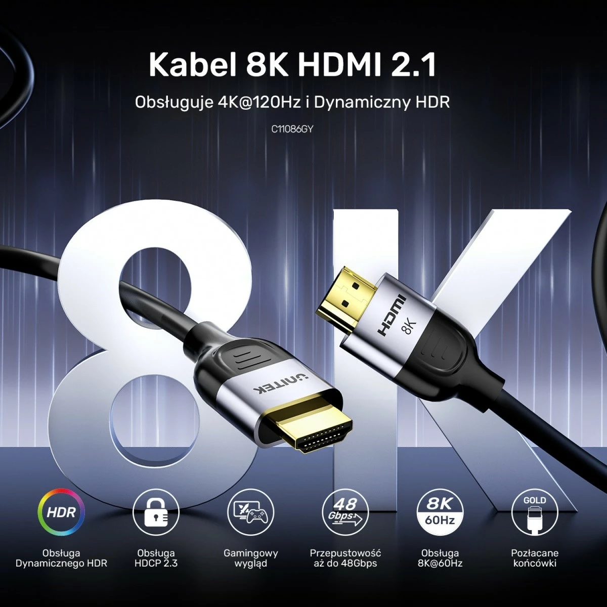 HDMI kabel 2.1, 8K 60Hz, 1 m, črn — Unitek C11086GY01-1M