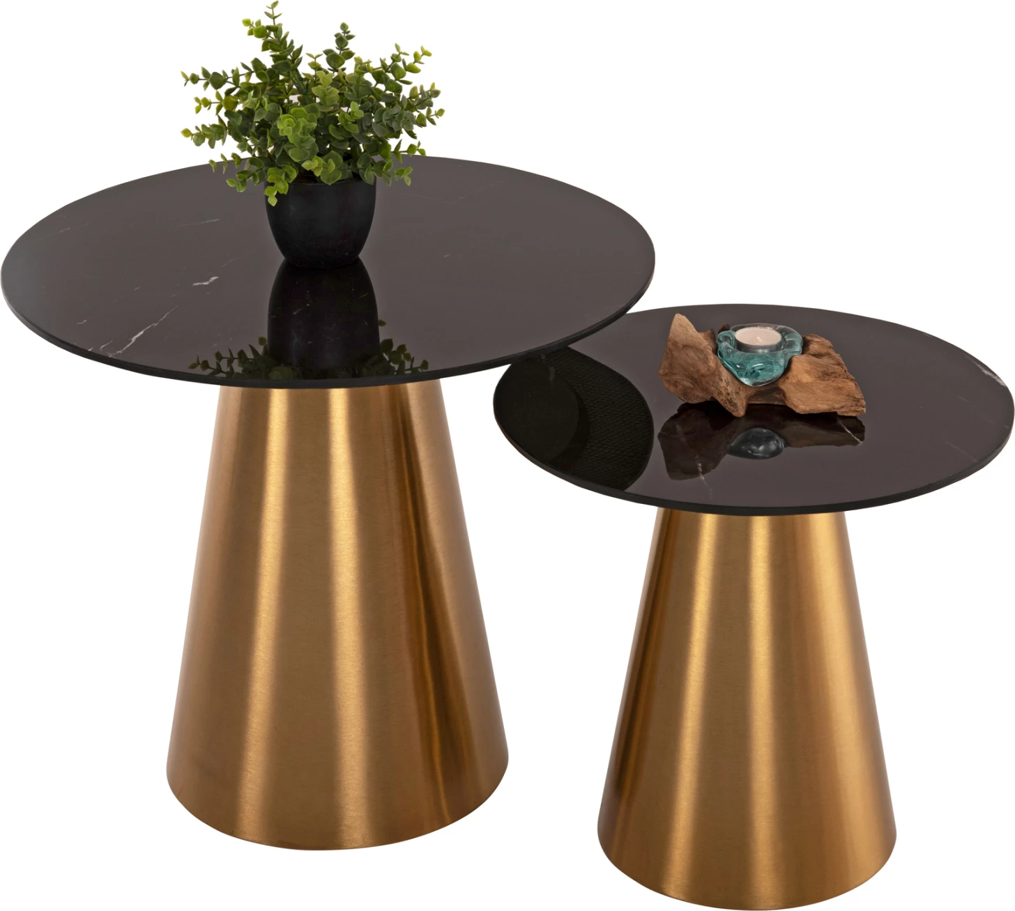 Stranske mize 2 kosa RENGI FH9665 kovina v zlato-črni keramični vrh Φ56&Φ43 cm