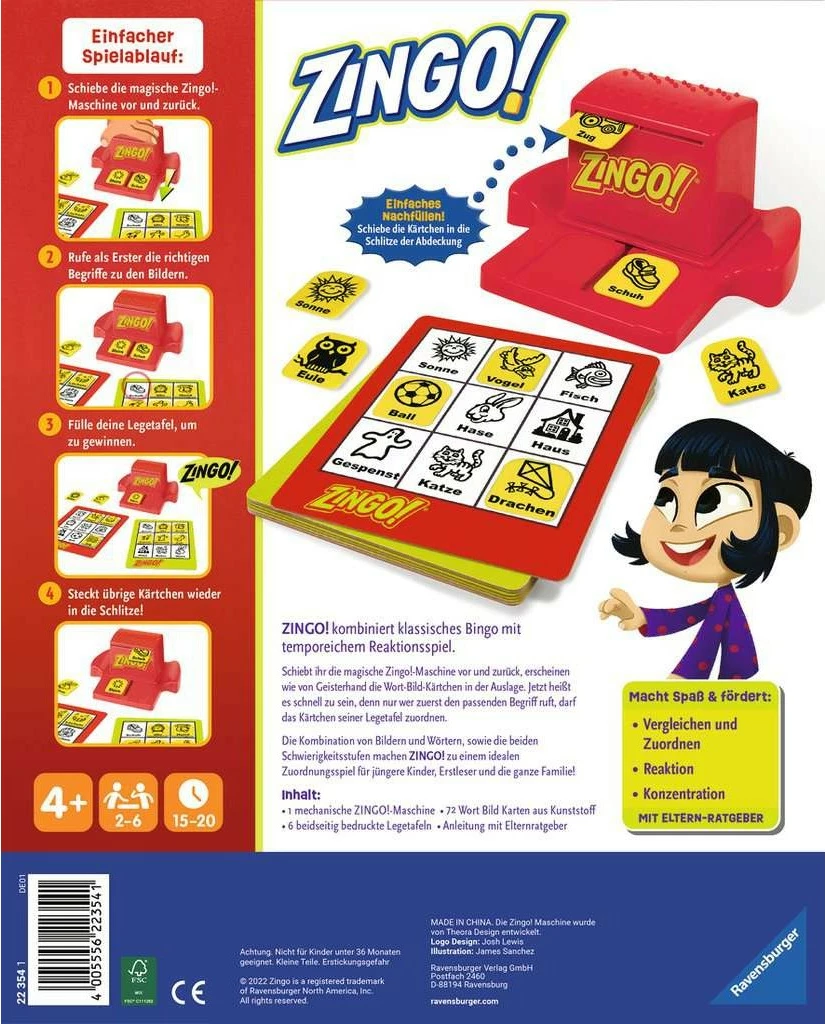 Družabna igra Zingo Ravensburger, 2–6 igralcev, 72 kartic, večbarvno