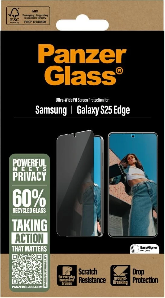 Zaščitno steklo Ultra-Wide Fit s filtrom zasebnosti, PanzerGlass za Samsung Galaxy S25 Edge, prosojno