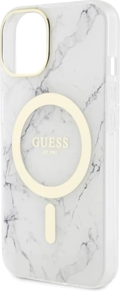 Ovitek za telefon z marmornim vzorcem MagSafe za iPhone 14 Plus 6,7", bel, Guess