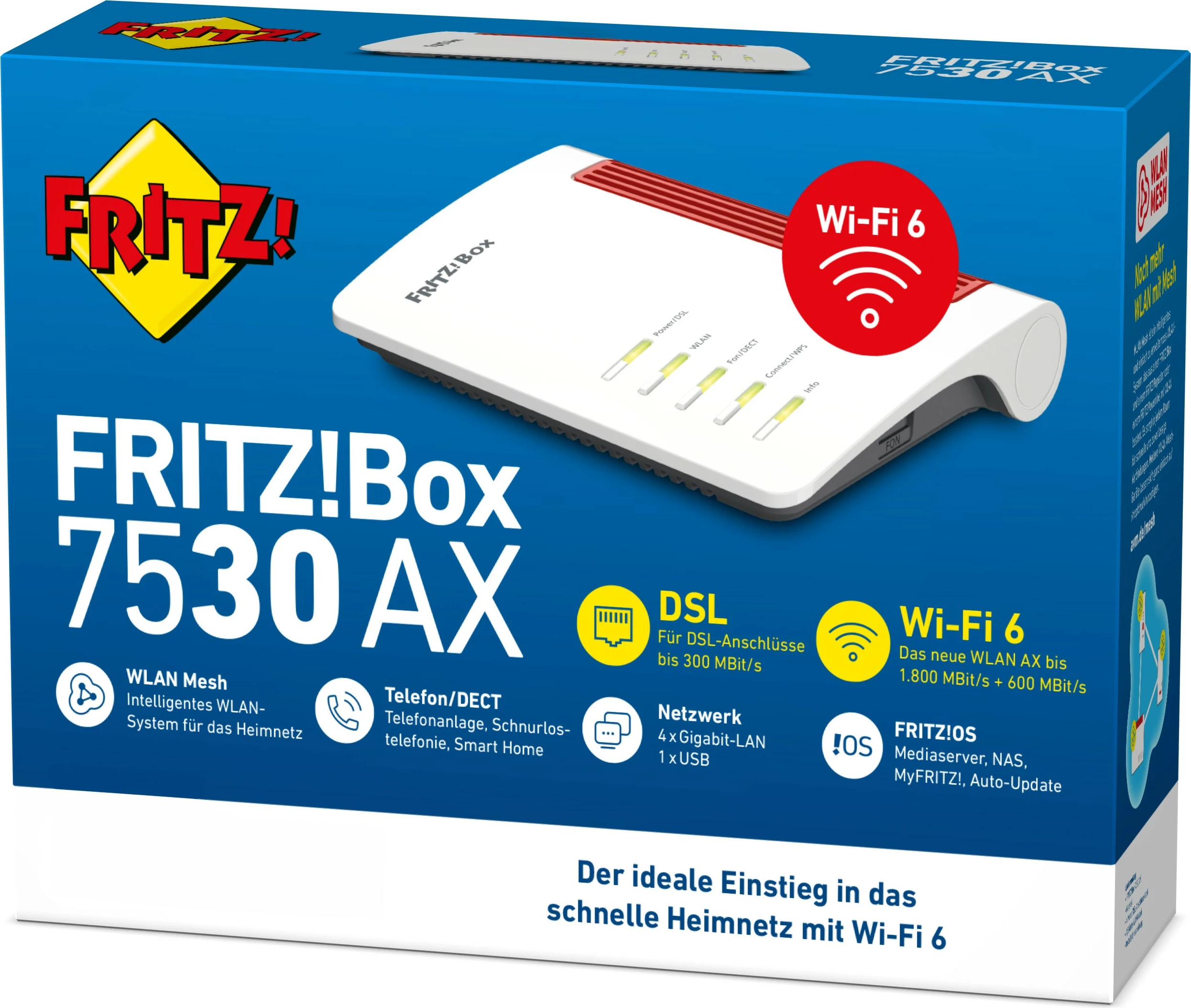 Zmogljiv namizni usmerjevalnik AVM FRITZ!Box 7530 AX, Wi‑Fi 6, dvojni pas, Ethernet LAN, ADSL, sivi/rumeno-rdeč/beli