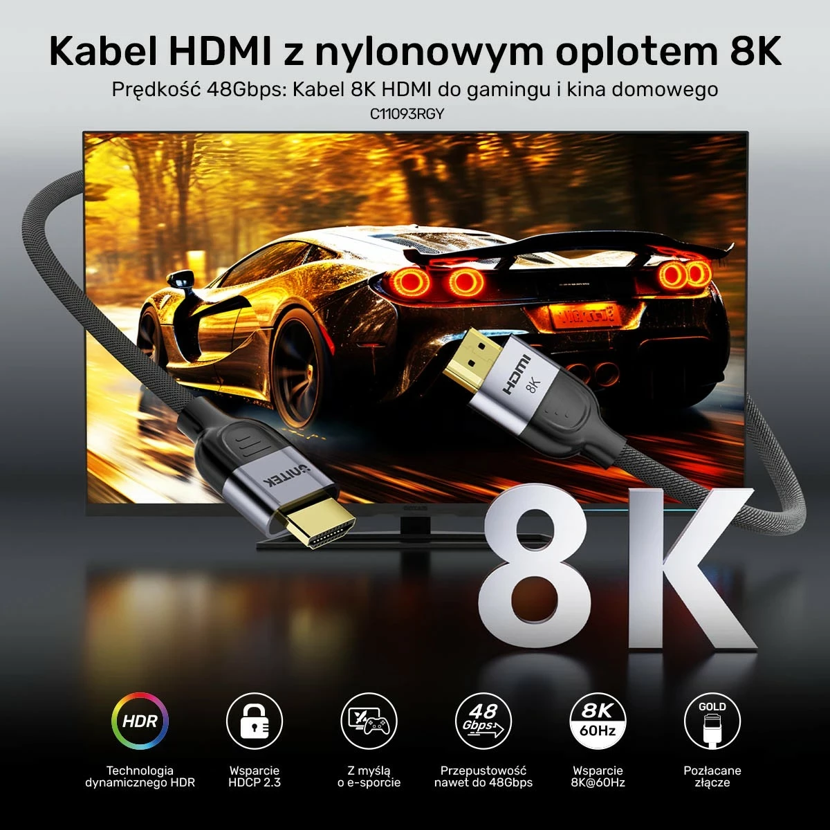 HDMI kabel 8K, HDMI 2.1, 2 m, opleten, črno-siv Unitek
