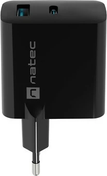 Stenski polnilec Natec Ribera GAN, 45W, 1x USB-A + 1x USB-C, črn