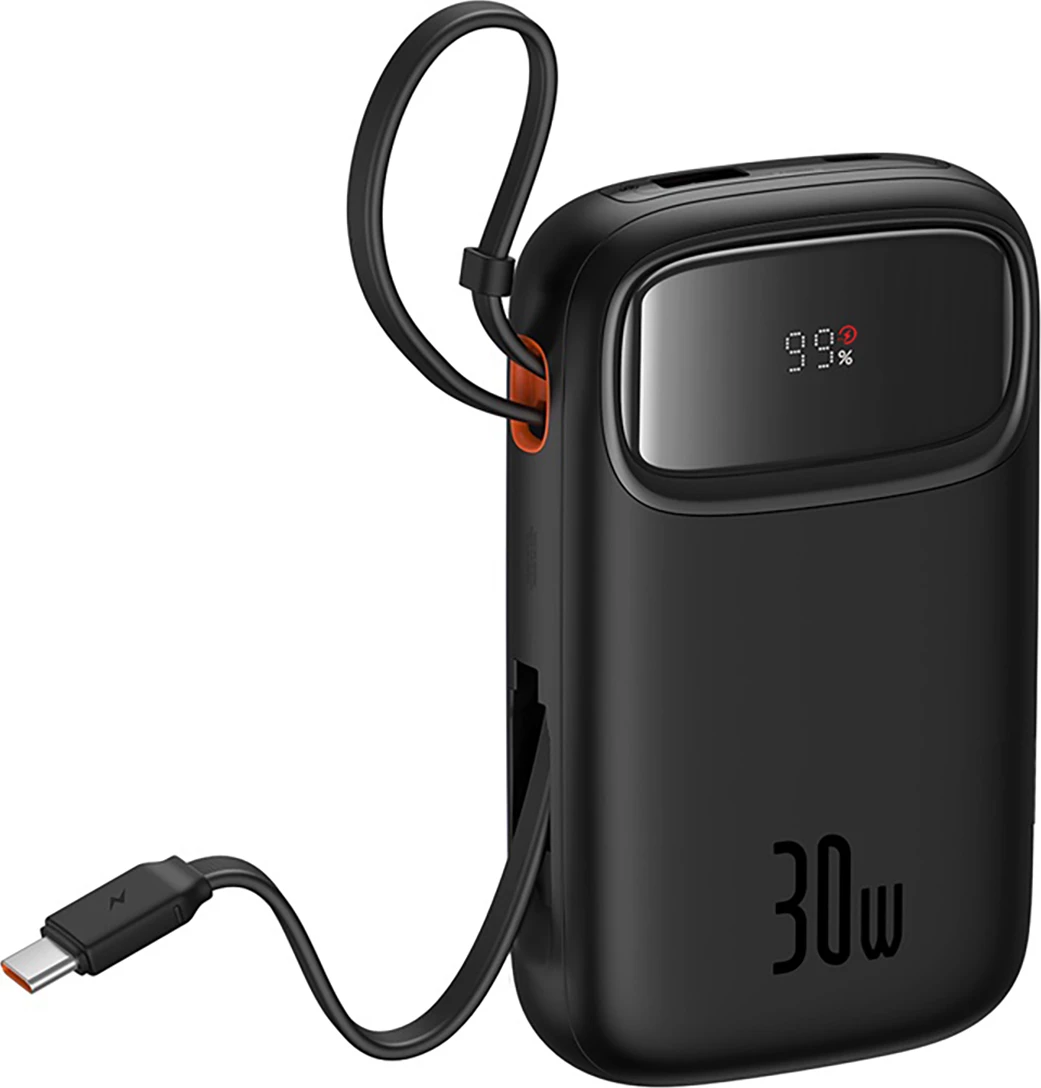Powerbank 10.000 mAh, 30 W, z vgrajenim USB-C kablom, LED zaslon, črn Baseus QPow 2