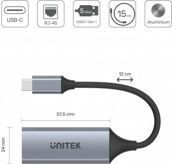 Adapter USB-C na RJ45 Unitek U1312A, 1000 Mbps, siv