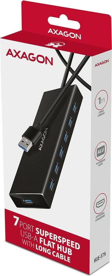 USB razdelilec z 7 vrati AXAGON HUE-F7A, USB 3.2 Gen 1, aluminij, 1 m kabel, črn USB razdelilec z 7 vrati AXAGON HUE-F7A, USB 3.2 Gen 1, aluminij, 1 m kabel, črn