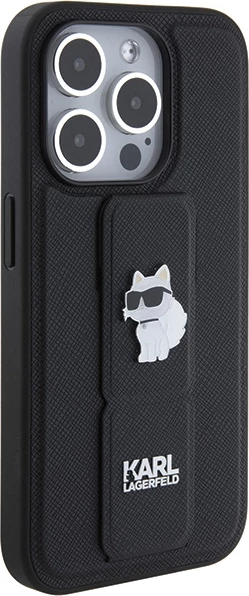 Ovitek Gripstand Saffiano Choupette Pins za iPhone 15 Pro Max, Karl Lagerfeld, črn