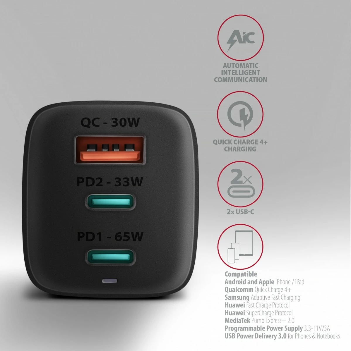GaN polnilec AXAGON ACU-DPQ65, 65W, 3 vhodi (USB-A + 2× USB-C), črn GaN polnilec AXAGON ACU-DPQ65, 65W, 3 vhodi (USB-A + 2× USB-C), črn