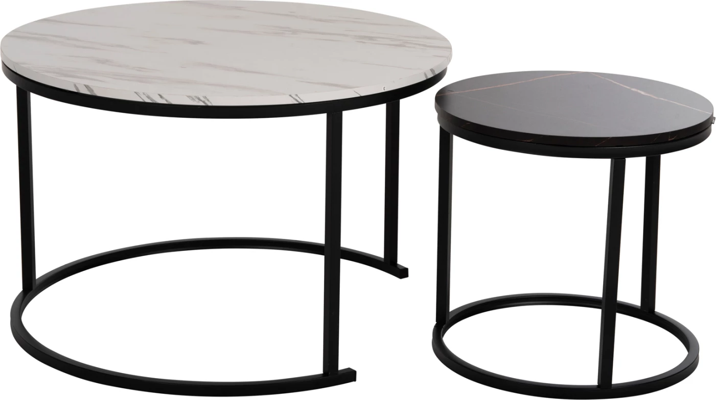 Klubska mizica FH8763.14 2-delni set MDF v videzu marmorja mešane barve s črnimi nogami Φ80-Φ48cm