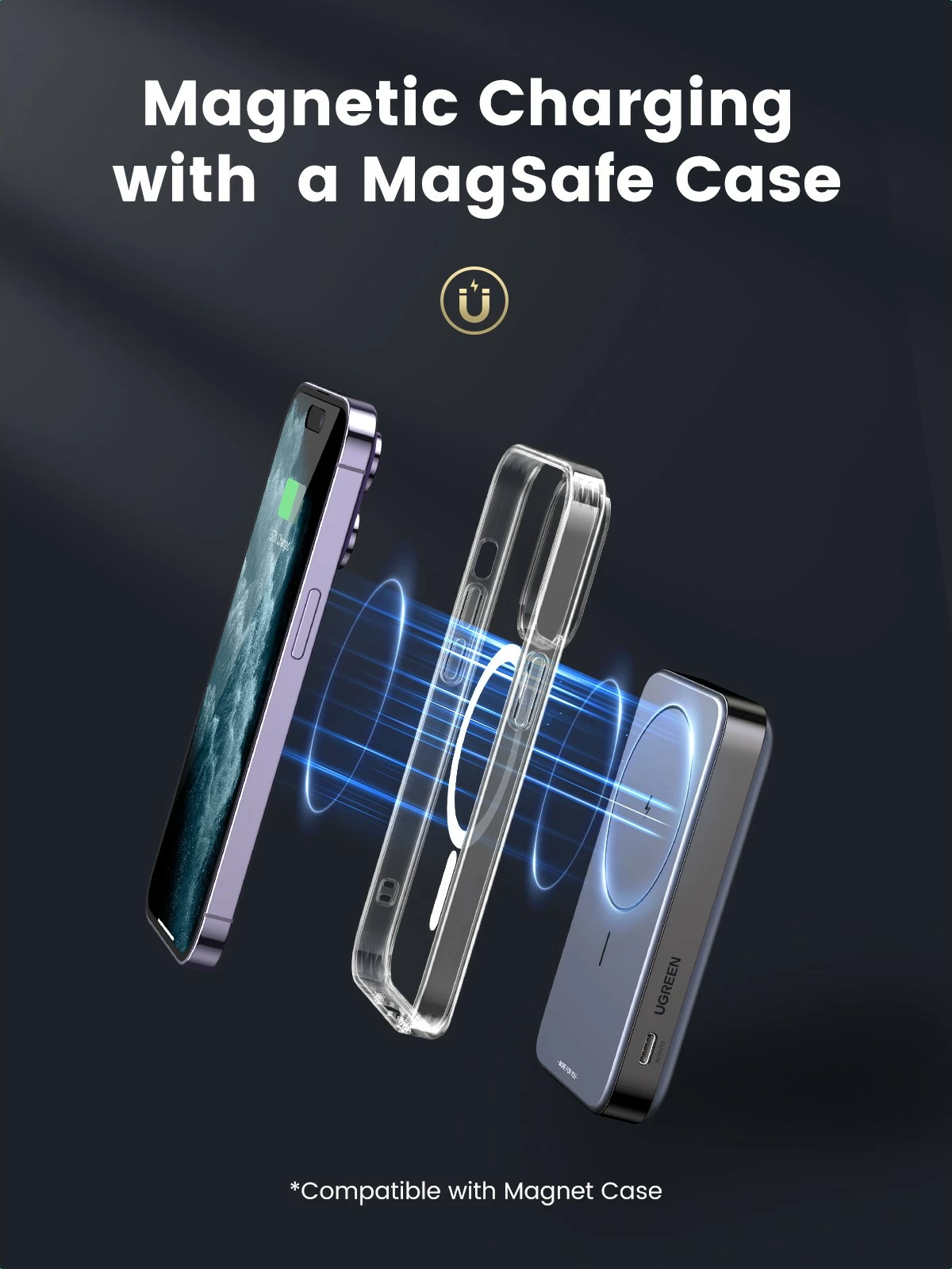 Mini brezžični powerbank 10000mAh, 20W z MagSafe Ugreen, siva