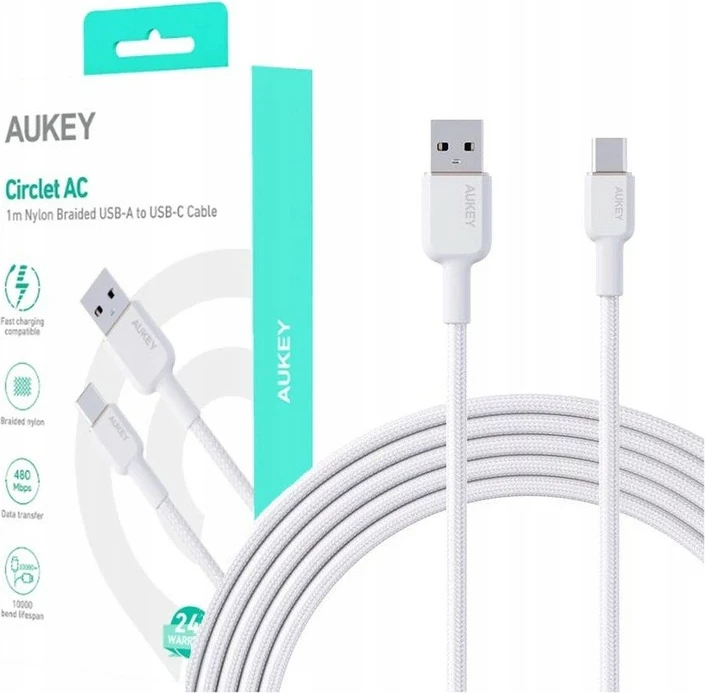 Kabel za polnjenje in prenos podatkov AUKEY CB-NAC1, USB-A v USB-C, 1 m, 60 W, bel