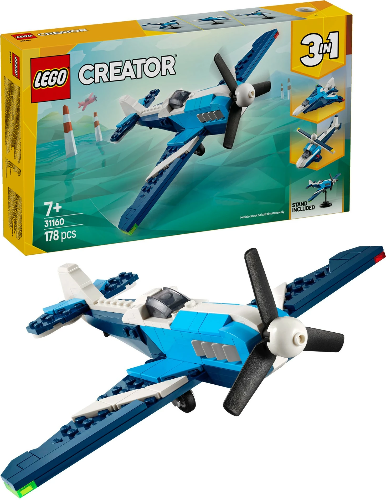 Set za sestavljanje 3-v-1, LEGO Creator 31160, 178 kosov, dirkalni letalnik, moder