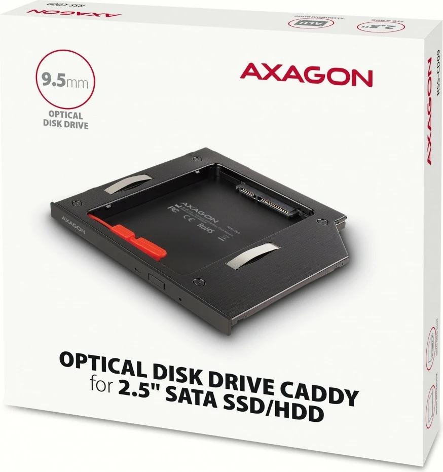 Računalniško ohišje za SSD/HDD 2,5" za ležišče DVD 9,5 mm, alumin, črno — AXAGON RSS-CD09 Računalniško ohišje za SSD/HDD 2,5" za ležišče DVD 9,5 mm, alumin, črno — AXAGON RSS-CD09