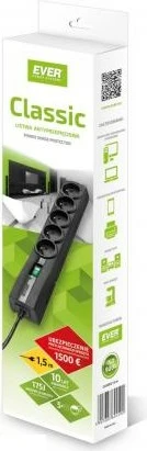 Električna razdelilna vtičnica CLASSIC 5 AC Ever, 250 V, 1,5 m, črna