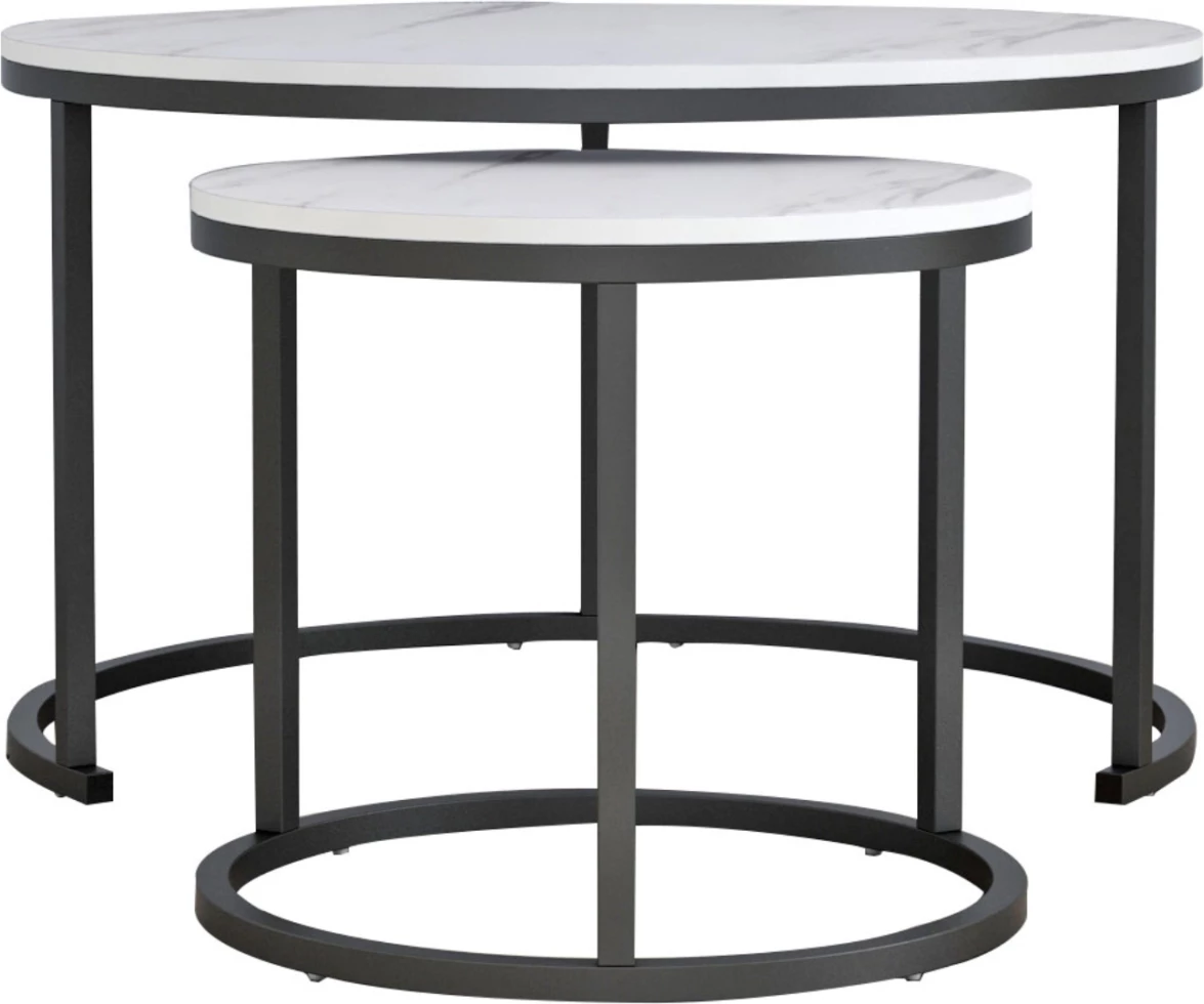 Komplet klubske mizice 2 kosa MDF videz belega marmorja črne noge Φ80x48cm.FH8763.12