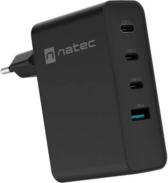 Stenski polnilec Natec Ribera GAN, 100W, 3x USB-C + 1x USB-A, črn