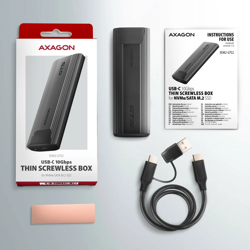 Zunanje računalniško ohišje za SSD M.2 NVMe in SATA, USB-C 3.2 Gen 2, črno - AXAGON EEM2-GTS2 Zunanje računalniško ohišje za SSD M.2 NVMe in SATA, USB-C 3.2 Gen 2, črno - AXAGON EEM2-GTS2