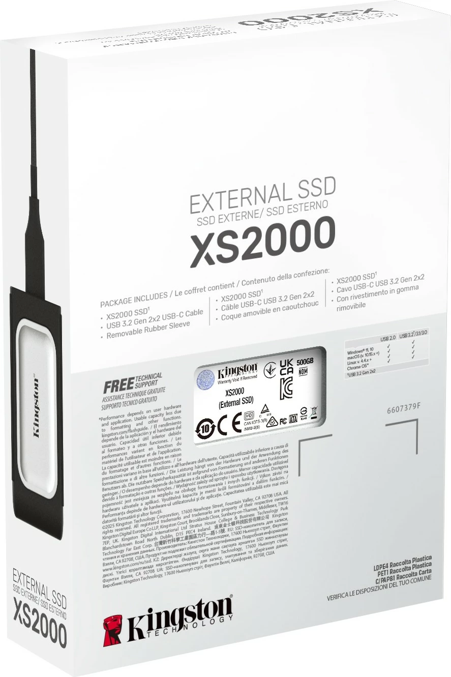 Prenosni SSD 500 GB USB Type-C 3.2 Gen 2, Kingston XS2000, 2000 MB/s, črn, srebrn