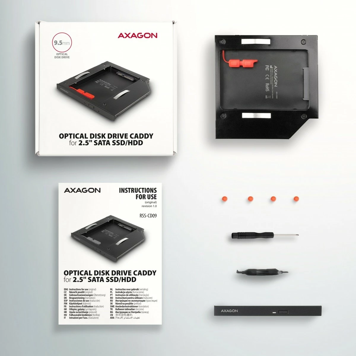 Računalniško ohišje za SSD/HDD 2,5" za ležišče DVD 9,5 mm, alumin, črno — AXAGON RSS-CD09 Računalniško ohišje za SSD/HDD 2,5" za ležišče DVD 9,5 mm, alumin, črno — AXAGON RSS-CD09