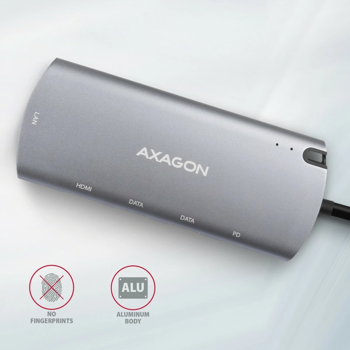 Multifunkcionalen hub 6‑v‑1 AXAGON HMC-6M2, USB-C 3.2 Gen 1, režo M.2 SATA, HDMI, GLAN, 2x USB-A, PD 100W, siva