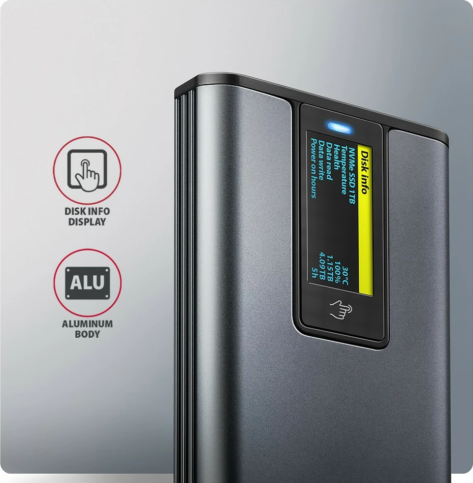 Zunanje računalniško ohišje za SSD AXAGON EEM2-SD2, M.2 NVMe/SATA, USB-A/C 3.2 Gen2, LCD zaslon, sivo Zunanje računalniško ohišje za SSD AXAGON EEM2-SD2, M.2 NVMe/SATA, USB-A/C 3.2 Gen2, LCD zaslon, sivo