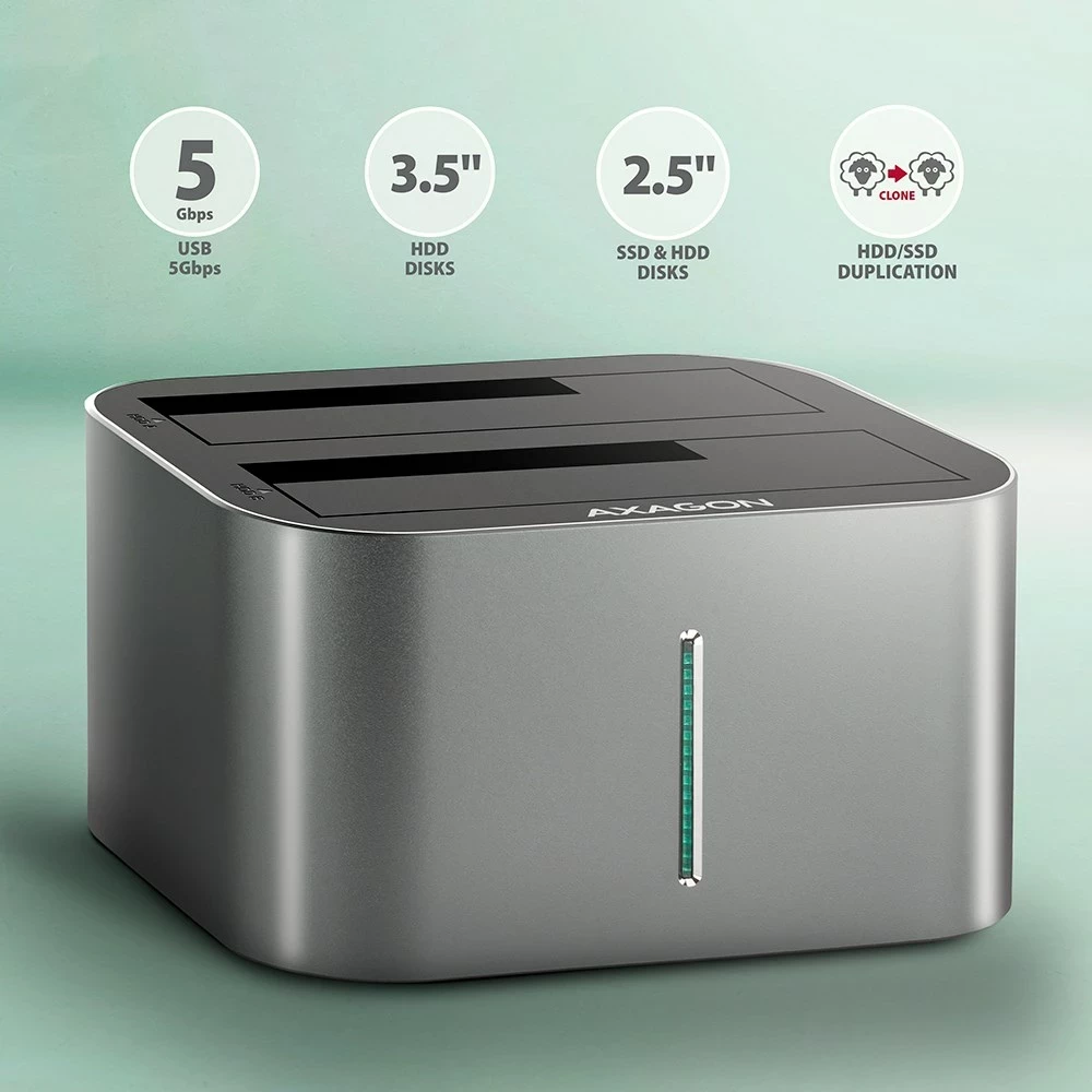 Doks za diske AXAGON ADSA-DC, USB 3.2 Gen 1, 2x SATA 6G, siv Doks za diske AXAGON ADSA-DC, USB 3.2 Gen 1, 2x SATA 6G, siv