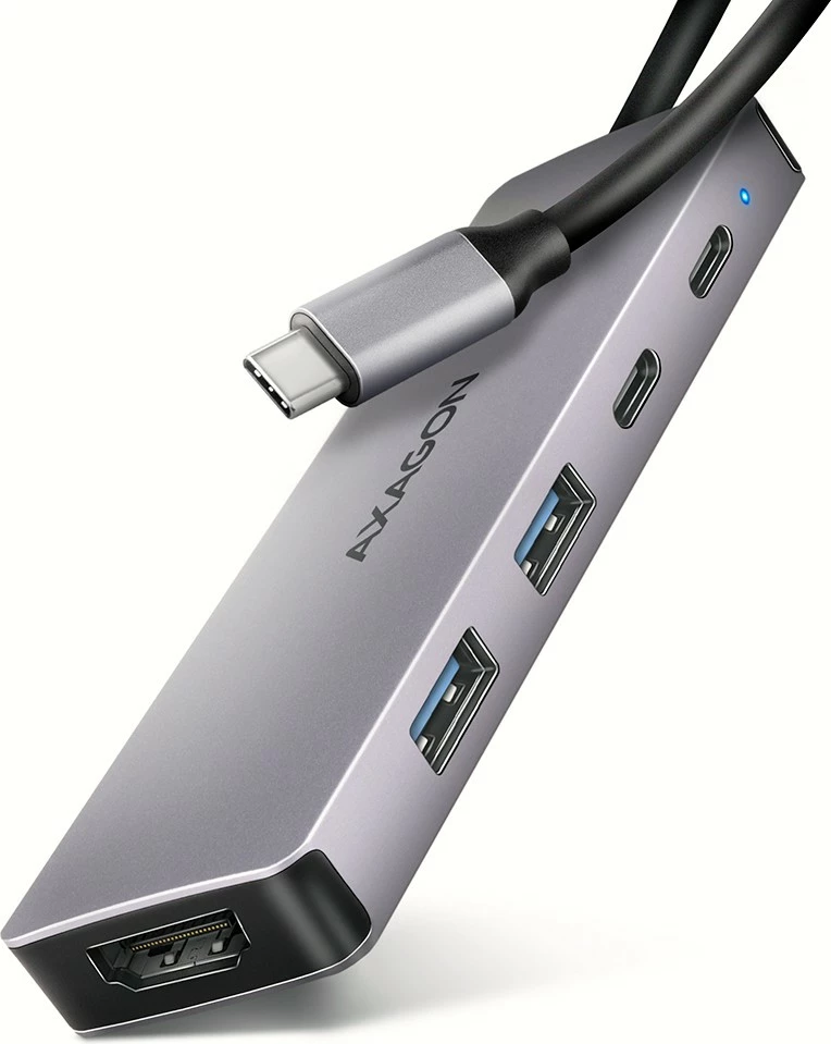 Večportni USB razdelilec AXAGON HMC-5H60, 5 v 1, 5Gbps, 2x USB-A, HDMI 4K/60Hz, 1x USB-C, PD 100W, 15 cm, siva