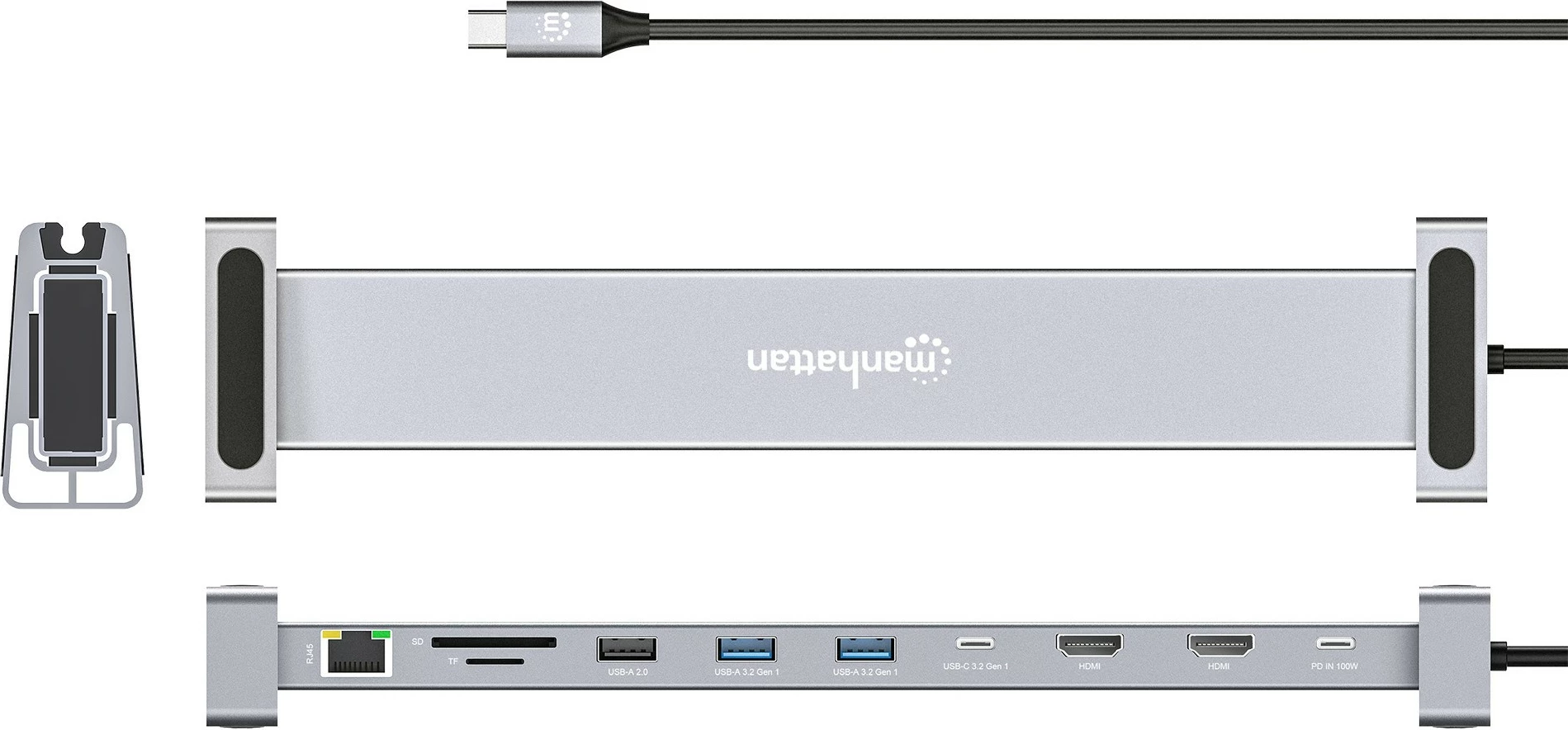 Docking postaja 10-v-1 4K USB-C PD MANHATTAN, 2xHDMI, siva