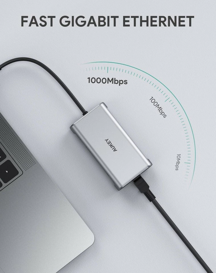 USB-C hub AUKEY CB-C91, 8-v-1, USB-C, HDMI 4K, RJ45, 3x USB 3.1, SD/microSD, Power Delivery 100 W, aluminij, srebrn