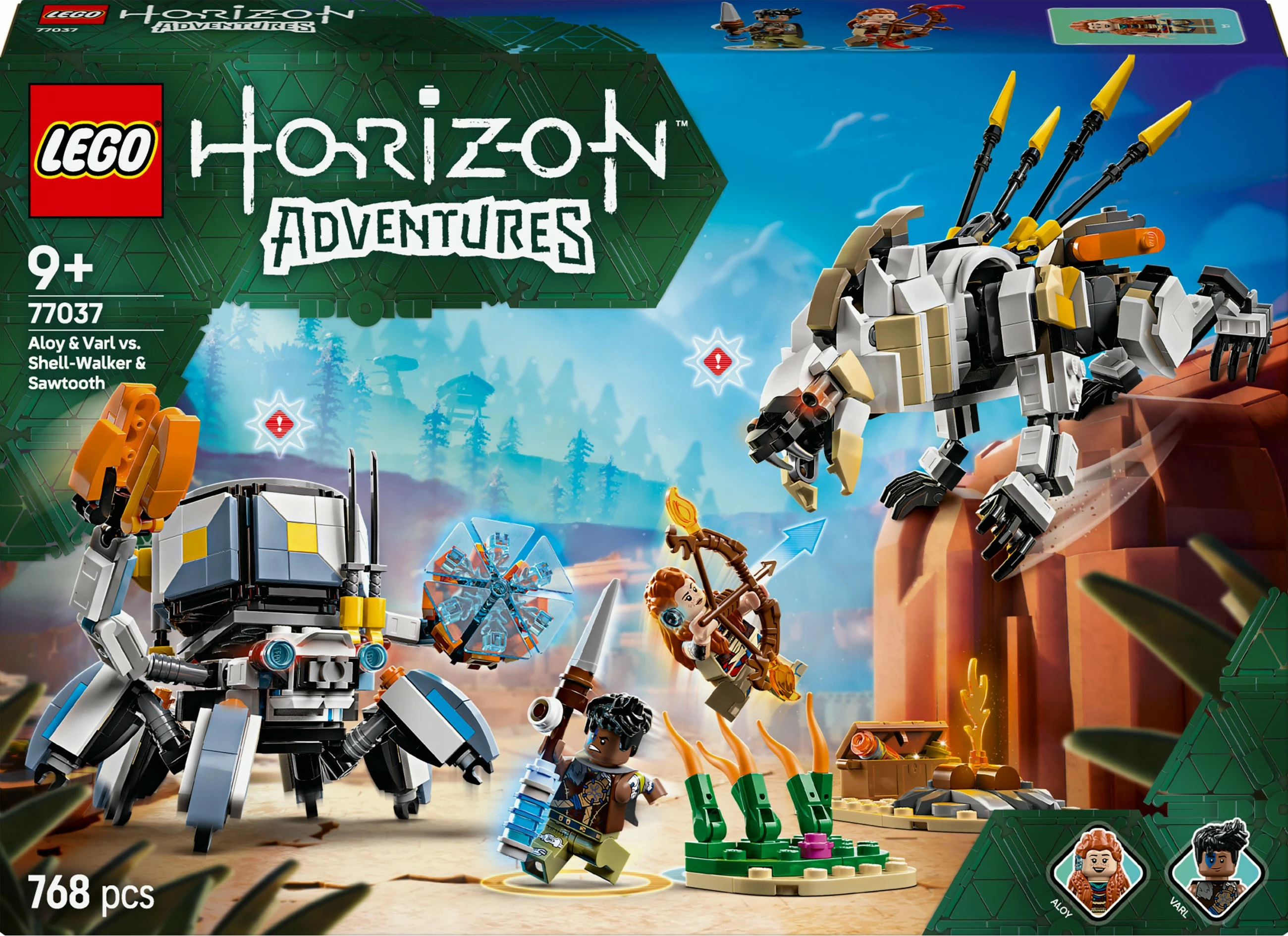 Set gradnje Horizon Adventures 77037, Aloy & Varl proti Shell-Walker & Sawtooth, 768 kosov, večbarven