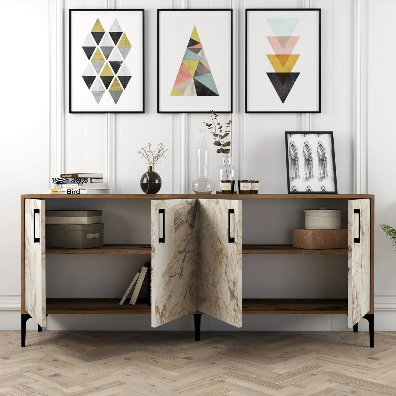 Bufet iz melamina z videzom ecru marmorja in oreha 180x35x78H cm FH9428.02