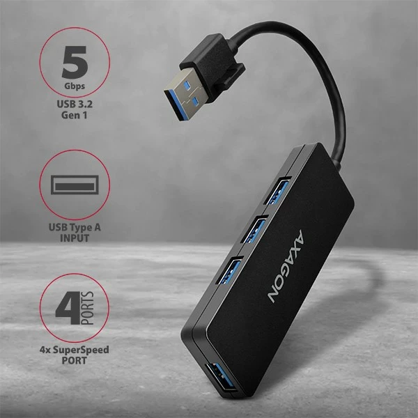 USB razdelilec AXAGON HUE-G1A, 4 vrata, USB 3.2 Gen 1, kabel 14 cm, črn USB razdelilec AXAGON HUE-G1A, 4 vrata, USB 3.2 Gen 1, kabel 14 cm, črn