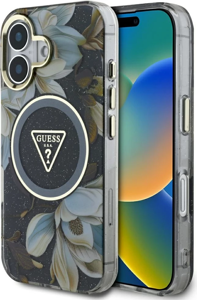 Ovitek za telefon z bleščicami in cvetličnim vzorcem MagSafe za iPhone 16, črn, Guess