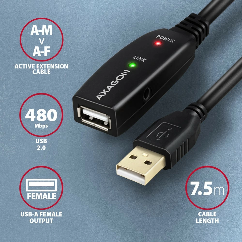 Aktivni USB podaljšek 2.0, 7,5 m, črn AXAGON ADR-207 Aktivni USB podaljšek 2.0, 7,5 m, črn AXAGON ADR-207