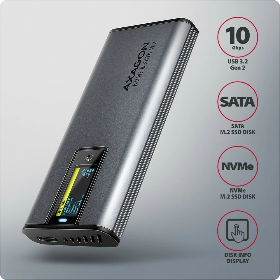 Zunanje računalniško ohišje za SSD AXAGON EEM2-SD2, M.2 NVMe/SATA, USB-A/C 3.2 Gen2, LCD zaslon, sivo Zunanje računalniško ohišje za SSD AXAGON EEM2-SD2, M.2 NVMe/SATA, USB-A/C 3.2 Gen2, LCD zaslon, sivo