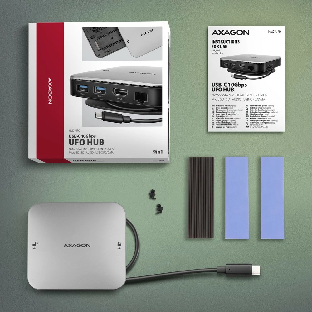 Multiportni USB-C hub, AXAGON HMC-UFO, 9-v-1, 10Gbps, 2x USB-A, HDMI 4K/60Hz, M.2 NVMe/SATA, avdio, PD 100W, SD/microSD, Gigabit Ethernet (RJ-45), 65 cm USB-C kabel, črn/srebrn Multiportni USB-C hub, AXAGON HMC-UFO, 9-v-1, 10Gbps, 2x USB-A, HDMI 4K/60Hz, M.2 NVMe/SATA, avdio, PD 100W, SD/microSD, Gigabit Ethernet (RJ-45), 65 cm USB-C kabel, črn/srebrn
