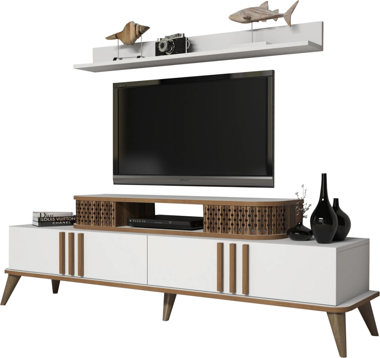 TV kombinirano pohištvo FH9515.03 iz melamina v beli in orehovi barvi 168x39x51.6Hcm